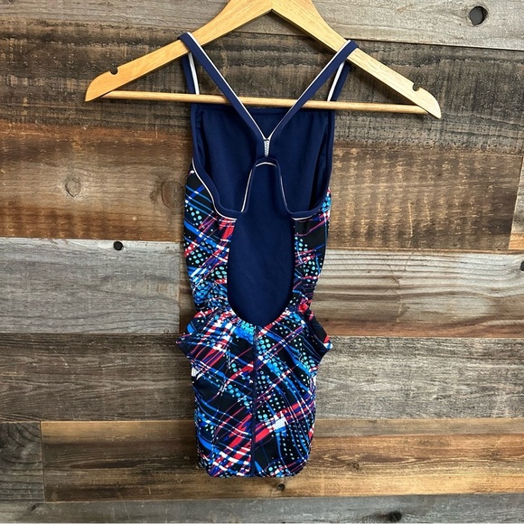 Speedo Women's Swimsuit Racerback Swimsuit Blue Black White Print School Size 26 - Picture 3 of 4